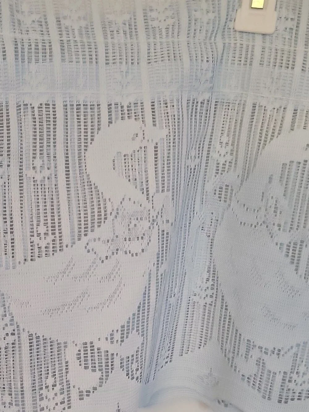 Blue Sheer Lace Café Valance Tier, Floral Pattern, Rod Pocket. Geese, Blue, 64